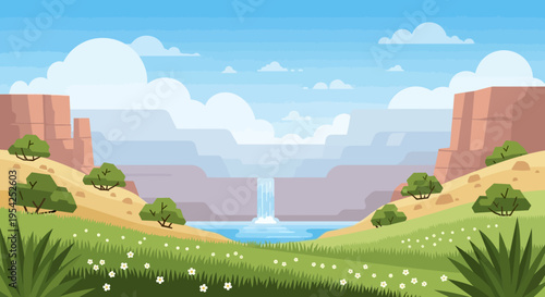 Pixel Art Grand Canyon Landscape with Waterfall and Greenery