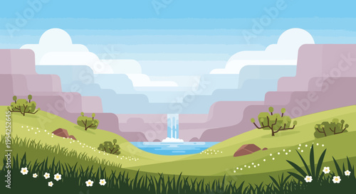 Pixel Art Grand Canyon Landscape with Waterfall and Green Hills