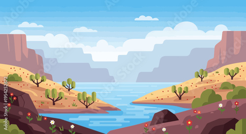 Pixel Art Grand Canyon River Landscape with Cacti and Wildflowers