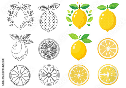 レモンのイラスト・メガパック、カラーと線画、丸ごとと輪切り、ベクター