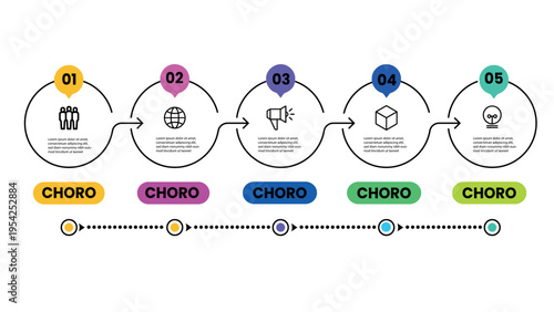Professional 5-step horizontal timeline infographic with numbered circles colorful pointers and line icons for business process strategy and project management