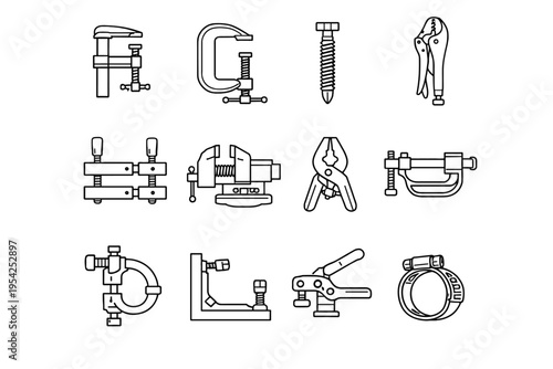 Vector linear icon generation pressure grip clamp mechanical curved woodworking hardware image