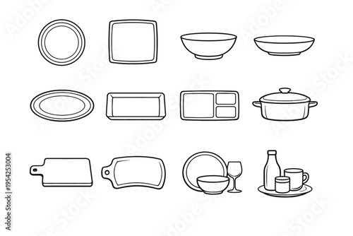 Shallow simple form vector tray image dish plate icon generation collection casserole