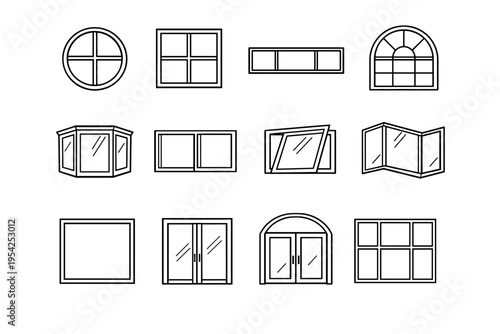 Square shape panoramic icon image arched facade set generation window frame simple