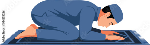 Man in blue clothing praying on a prayer mat in prostration position