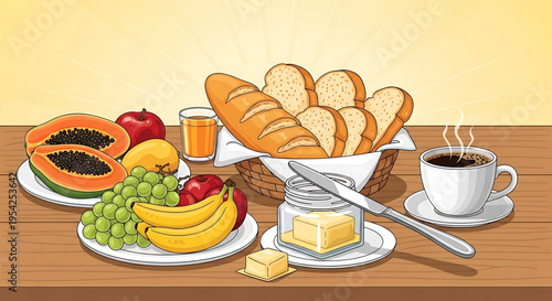 A colorful vector illustration of a breakfast spread on a wooden table with fresh fruits, bread, and beverages