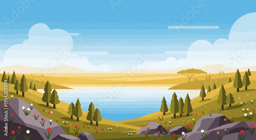 Pixel Art Landscape: Serene Lake, Rolling Hills, and Wildflowers in a Vibrant, Stylized Nature Scene