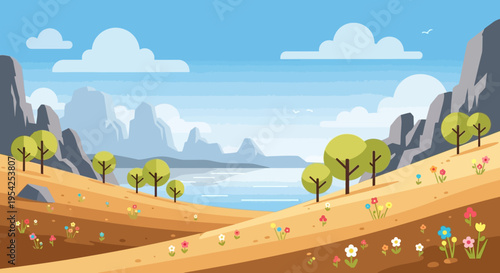 Pixel Art Landscape: Rolling Hills, Mountains, Lake, and Wildflowers Under Blue Sky