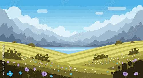 Pixel Art Landscape: Rolling Hills, Lake, Mountains, and Wildflowers Under a Cloudy Sky