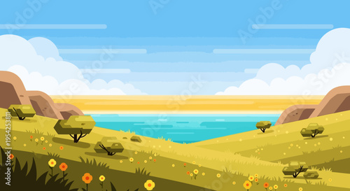 Pixel Art Landscape: Rolling Hills, Ocean, and Blue Sky with Clouds