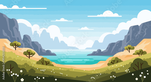 Pixel Art Landscape: Serene Bay Surrounded by Majestic Mountains and Lush Greenery