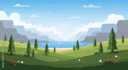 Pixel Art Landscape: Serene Bay with Green Hills, Trees, and Mountains