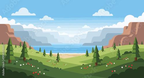 Pixel Art Landscape: Serene Bay with Mountains, Trees, and Flowers