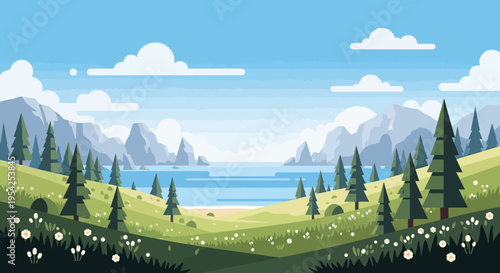 Pixel Art Landscape: Serene Bay with Mountains, Green Hills, and Pine Trees