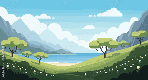 Pixel Art Landscape: Serene Bay with Rolling Hills, Trees, and Mountains