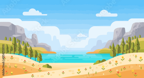 Pixel Art Landscape: Serene Bay with Rocky Cliffs, Sandy Shore, and Blooming Wildflowers