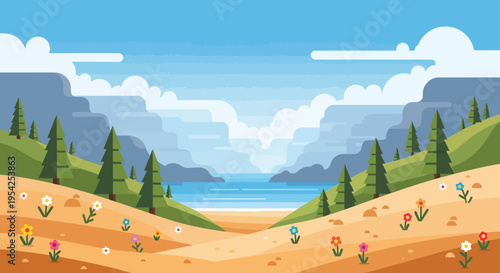 Pixel Art Landscape: Serene Beach, Mountains, and Wildflowers Under a Cloudy Sky
