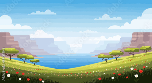 Pixel Art Landscape: Serene Canyon Lake with Rolling Hills and Wildflowers
