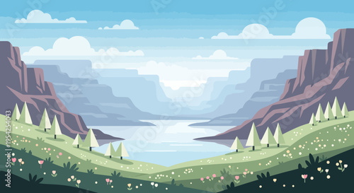 Pixel Art Landscape: Serene Canyon River Valley with Rolling Hills and Mountains