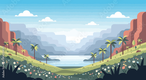 Pixel Art Landscape: Serene Canyon River Valley with Palm Trees and Wildflowers