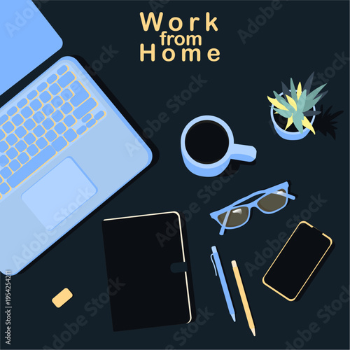 Home Office Flatlay with Laptop and Notebook Top view of a neatly arranged home workspace evening time black background