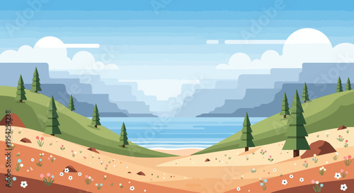 Pixel Art Landscape: Serene Canyon with River, Trees, and Wildflowers