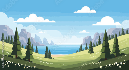 Pixel Art Landscape: Serene Coastal Scenery with Mountains and Pine Trees