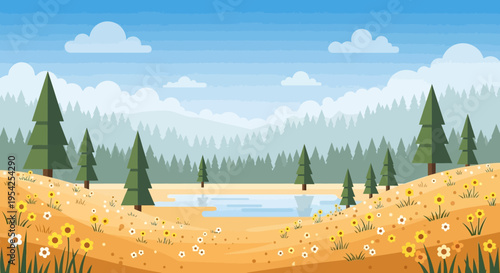 Pixel Art Landscape: Serene Forest Lake with Wildflowers and Mountains