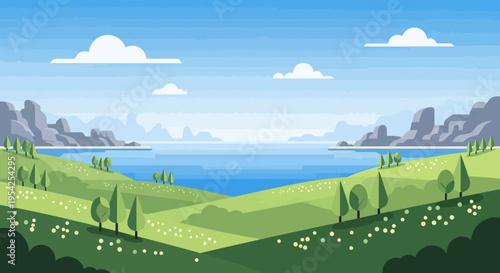 Pixel Art Landscape: Serene Green Hills, Blue Lake, and Cloudy Sky