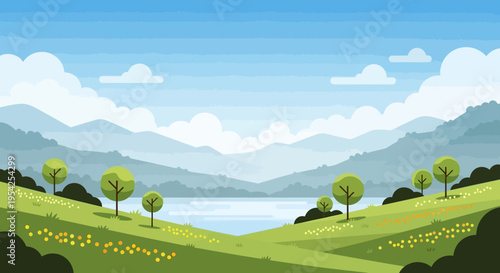 Pixel Art Landscape: Serene Hills, Lake, and Blue Sky with Clouds