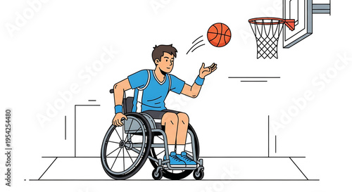 A man in a wheelchair playing basketball with a determined expression