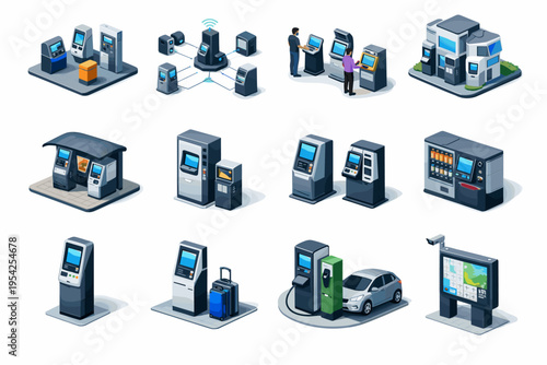 Icon vector collection kiosks simple generation integrated multi image service set scene