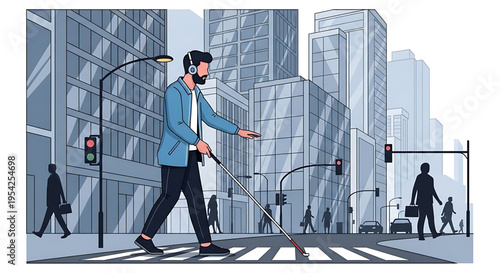 A visually impaired man wearing a headset and using a white cane to navigate a city street with tall buildings and traffic lights.