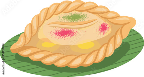 Vector illustration of a traditional mooncake on a green plate, A symbol of Chinese Mid-Autumn Festival, With decorative colorful dots on top and a braided crust.