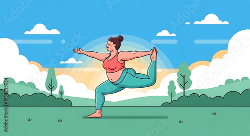 A woman in a serene outdoor setting practicing yoga in a graceful pose.