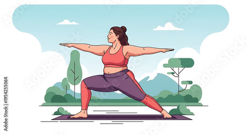 A woman practices yoga in a serene outdoor setting with a mountain view