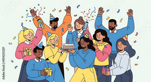 A diverse group of people celebrating a birthday with cake and gifts in a colorful and lively illustration