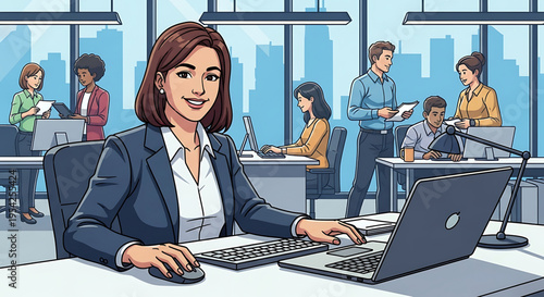 A businesswoman working on her laptop in a modern office with colleagues in the background.