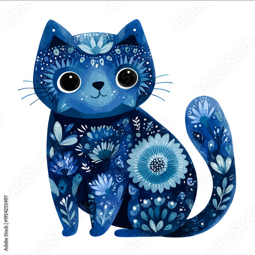 isolated clipart image of cute kawaii watercolor gouache blue floral folk geometric cat cartoon doodle vector icon monochrome simple logo for kids on a whi