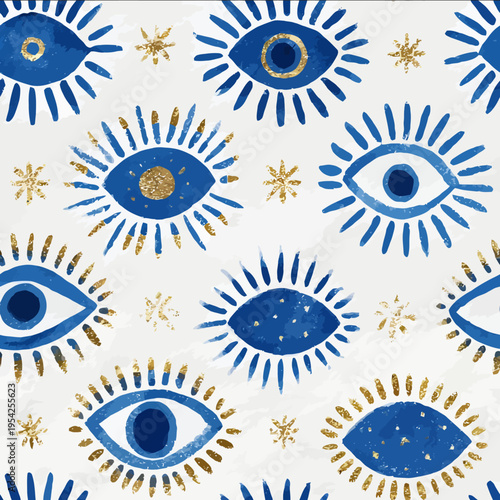 isolated clipart image of watercolor geometric evil eye sunrays blue yellow handpainted repetitive pattern linocut vector icon monochrome simple