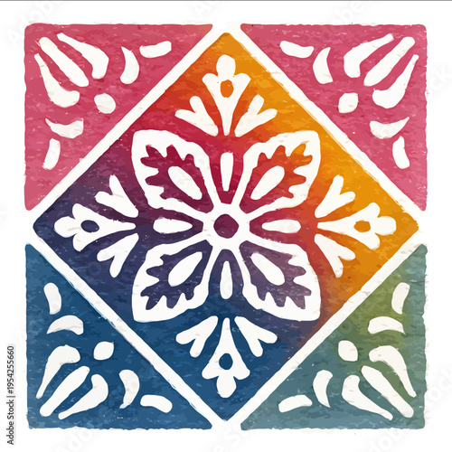 isolated clipart image of watercolor geometric pattern tile red yellow blue green linocut vector icon monochrome simple logo for kids on a white background