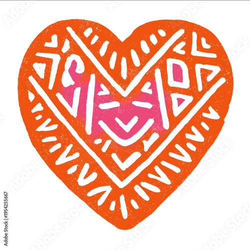 isolated clipart image of geometric retro groovy orange pink heart linocut vector icon monochrome black and white simple logo for kids on a white