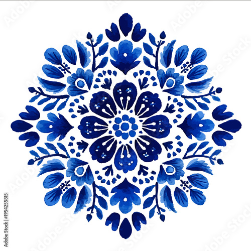 isolated clipart image of watercolor gouache blue floral folk geometric quilt block patterns tiles vector icon monochrome simple logo for kids on a white b