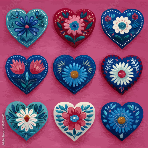 isolated clipart image of gouache floral folk geometric hearts red pink blue turquoise teal pattern tile vector icon monochrome simple logo for k