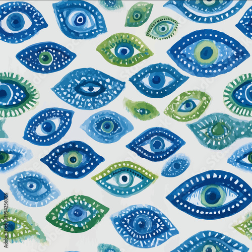 isolated clipart image of watercolor geometric blue green handpainted evil eye repetitive pattern linocut vector icon monochrome simple logo for