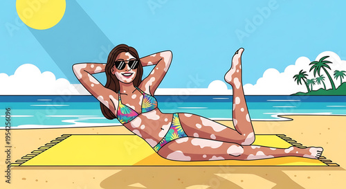 A vibrant cartoon illustration of a woman with vitiligo enjoying a relaxing day at the beach with a sunny sky and palm trees in the background.