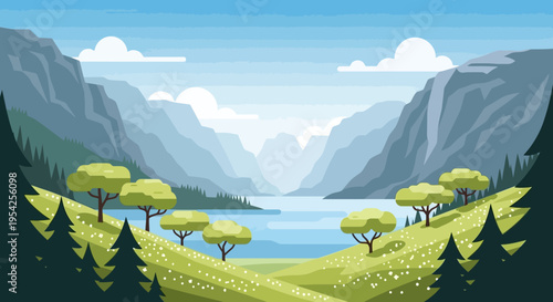 Pixel Art Landscape: Serene Mountain Lake Valley with Rolling Hills and Pine Trees