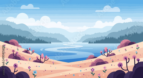 Pixel Art Landscape: Serene Lake, Rolling Hills, and Wildflowers in Pastel Colors