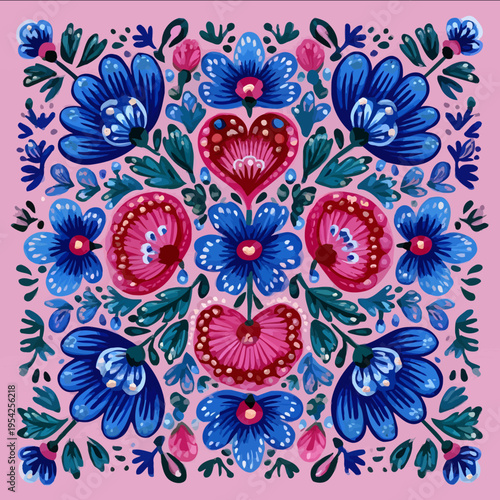 isolated clipart image of gouache floral folk geometric hearts red pink blue turquoise teal pattern tile vector icon monochrome simple logo for kids on a p