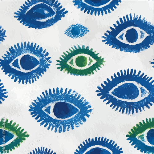 isolated clipart image of watercolor geometric blue green handpainted evil eye repetitive pattern linocut vector icon monochrome simple logo for kids on a